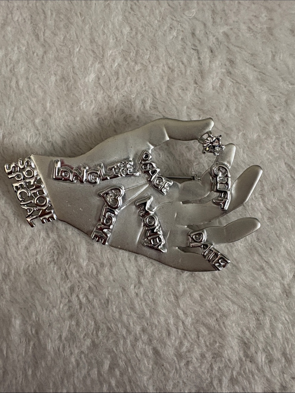 VINTAGE ALAN signed Silver Hand Statement Brooch Pin. Inspirational Word Accents